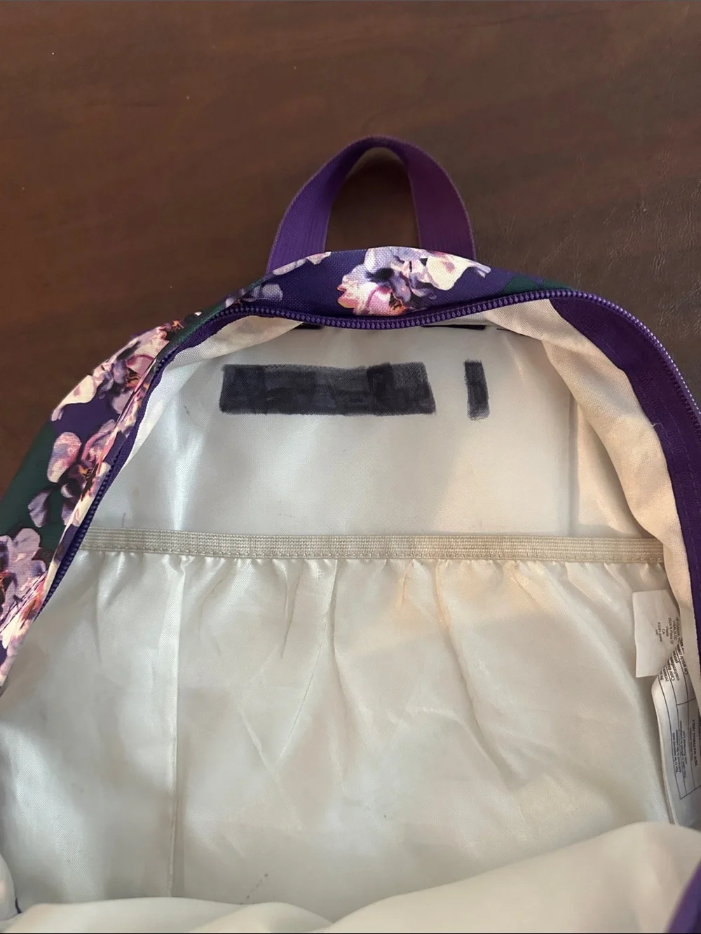 JanSport Purple Floral Backpack with Brown Base